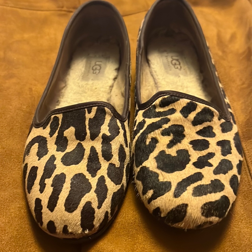 UGG leopard pony hair flat loafers. Brown calf hair suede trim loafers